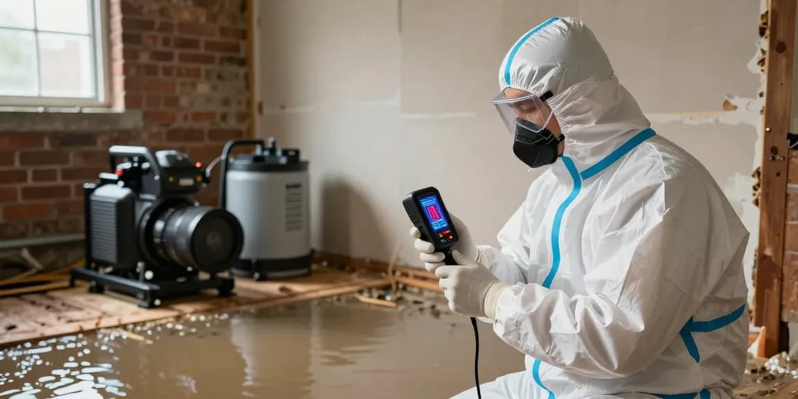 Water Damage Restoration West Vancouver specialist assessing flooded basement with advanced equipment during emergency response.