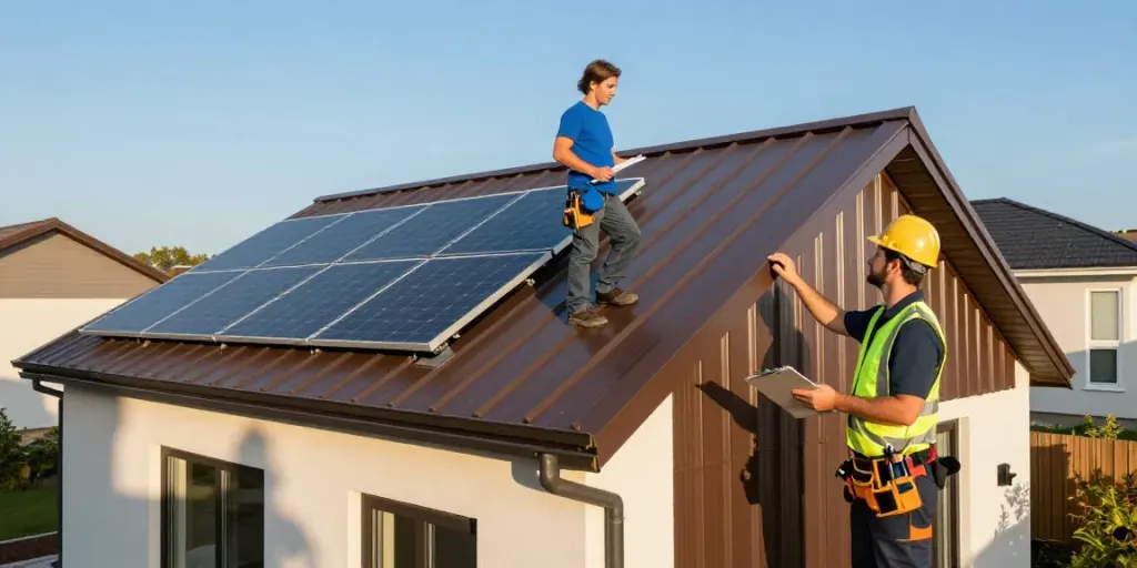 Contractor inspecting a standing seam metal roof showcasing durability by Standing Seam Contractors in a modern home.