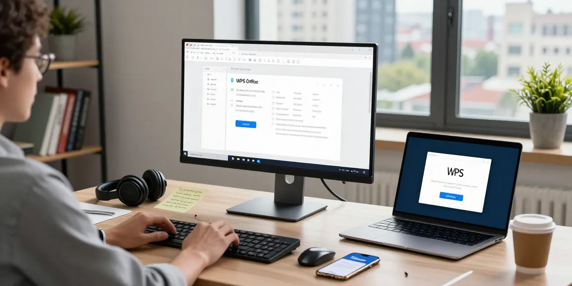 WPS Download in a modern workspace with computer displaying WPS Office interface and various tech accessories.