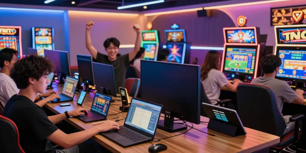 Exciting online gaming atmosphere at https://nbet.group/ with players celebrating wins and strategizing in a vibrant gaming lounge.