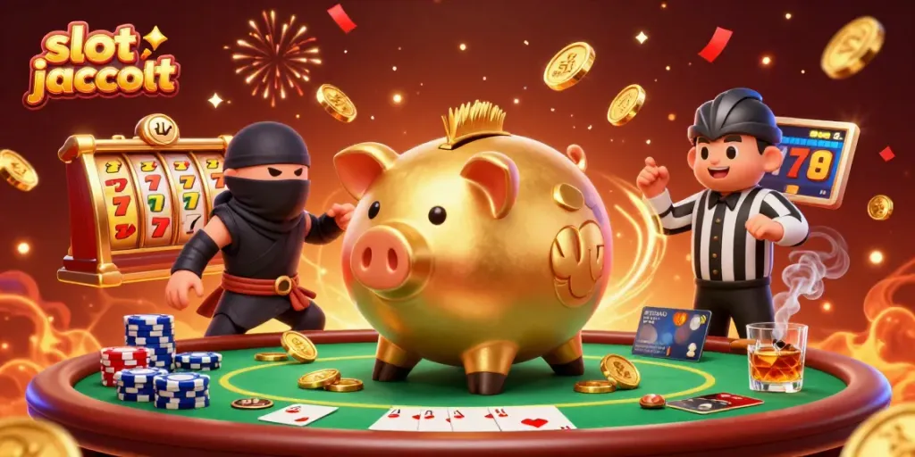 Experience thrilling slot jackpot action as golden piggy bank wrestler shakes loose coins amidst vibrant casino elements.