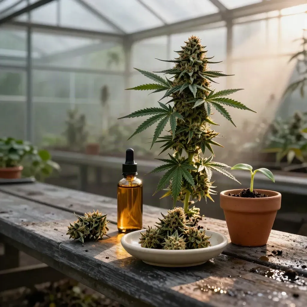 Cannabis cola, CBD oil, buds and seedling in a misty greenhouse at golden hour.