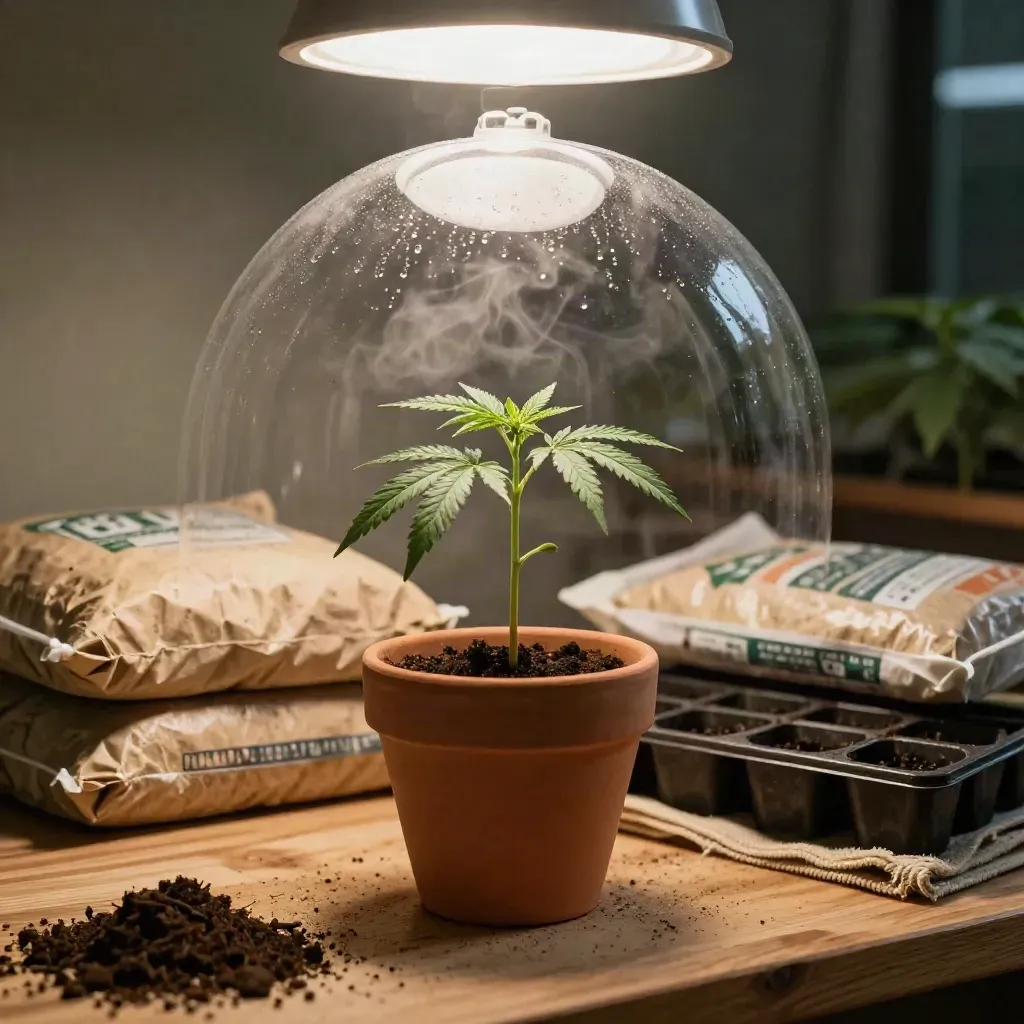 Cannabis seedling under a grow light with humidity dome, clay pot, and soil bags on a warm tray.