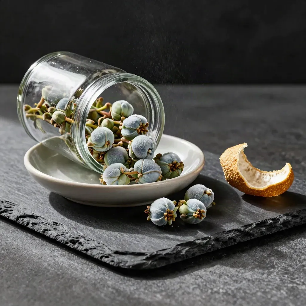 Tipped dish of Blue Dream buds, glass jar, broken bud and citrus peel on dark stone.