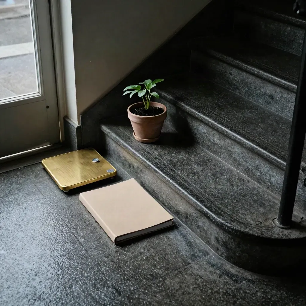 Wet civic stair with binder, brass scales, and a small potted seedling by a public entrance.