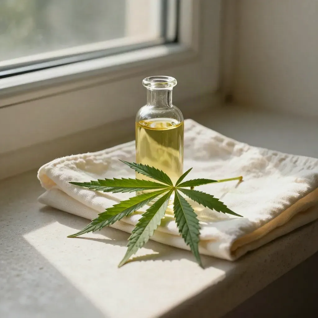 Hemp sprig, uncapped CBD oil bottle, and folded cloth on a stone sill in soft morning light.