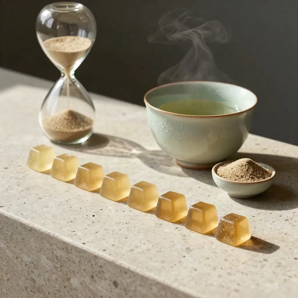 Gummies, tea cup, and hourglass on stone, with one gummy separated.