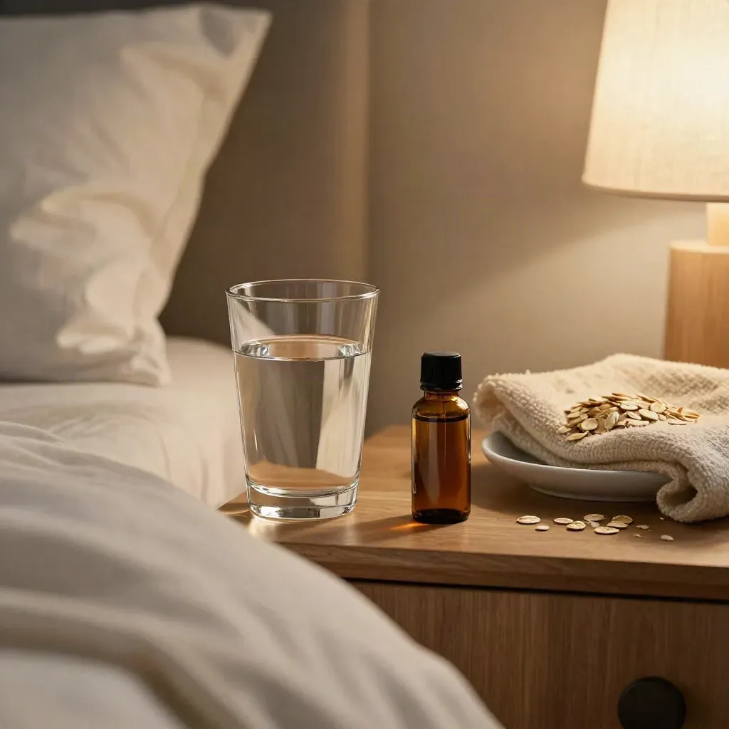 Bedside table with water glass, cannabis oil bottle, folded blanket and lamp glow in a calm bedroom.