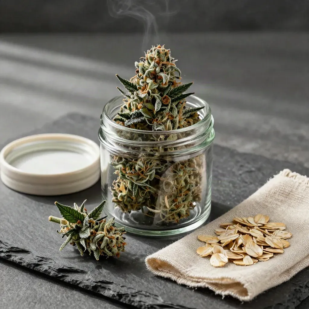 Top-down jar of cannabis flower with leaf, dish, and linen on dark stone.
