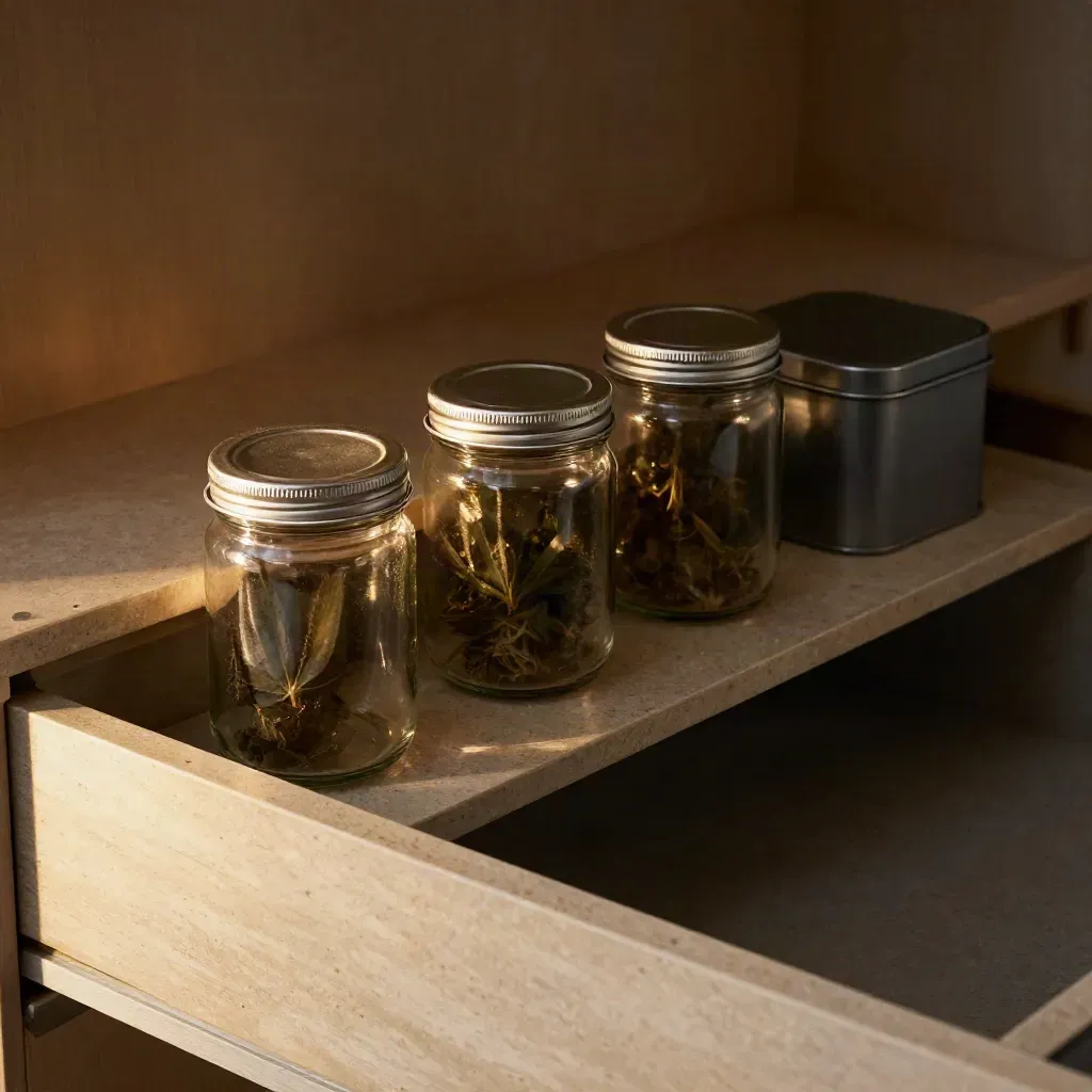 Sealed glass jars, an opaque tin, and a dark drawer insert on stone, lit by soft cabinet light.