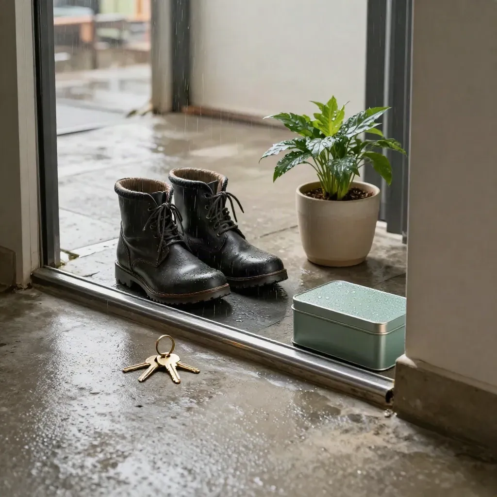 Wet boots, keys, plant, and storage tin at a rainy apartment threshold.