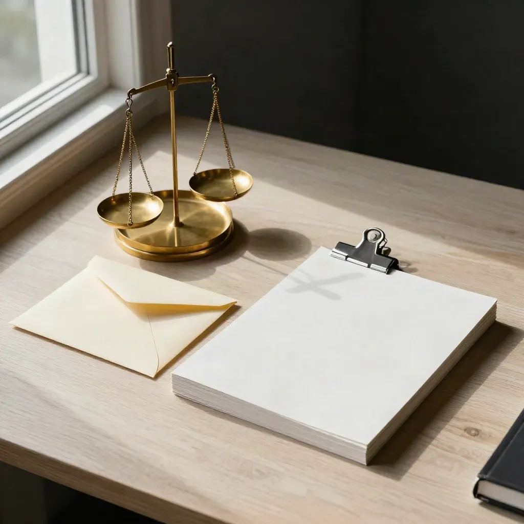 Brass scale beside sealed envelope and squared paper stack on pale oak, overhead still life.