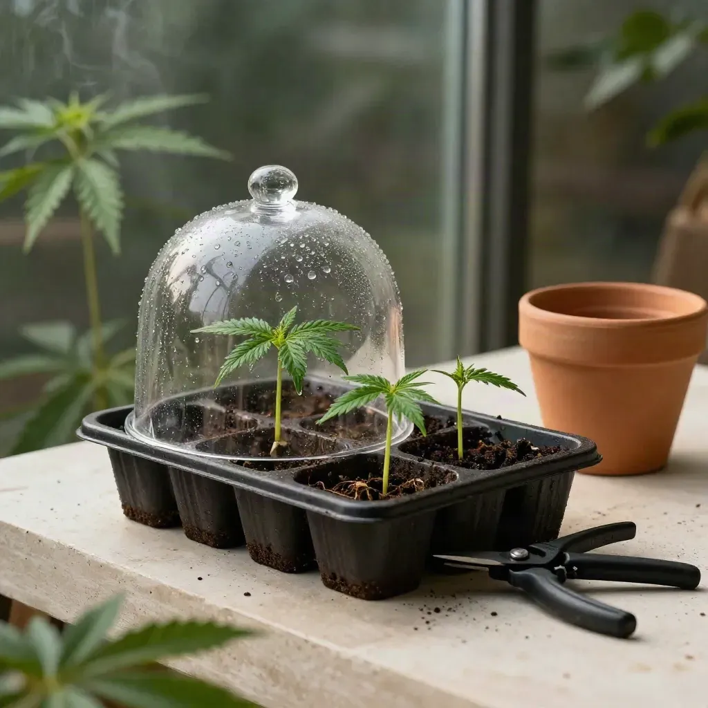Seedling dome over coco tray with snips and clay pot in a humid grow-room still life.