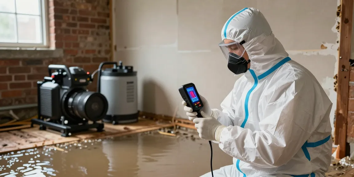 Water Damage Restoration West Vancouver specialist assessing flooded basement with advanced equipment during emergency response.