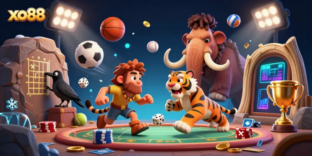 Experience thrilling gameplay at xo88 with a lively casino scene featuring unique characters and dynamic sports elements.