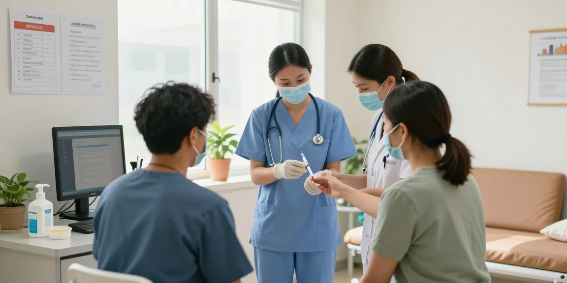 Healthcare professionals using a safety syringe to administer a vaccine in a calm examination room.