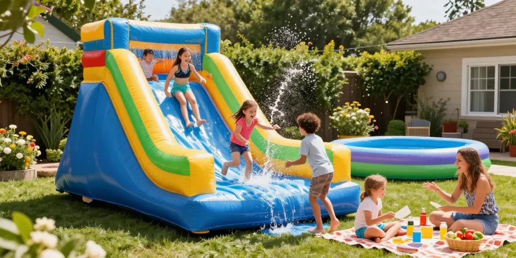 Children sliding down a colorful inflatable water slide, enjoying summer fun with splashes of water.