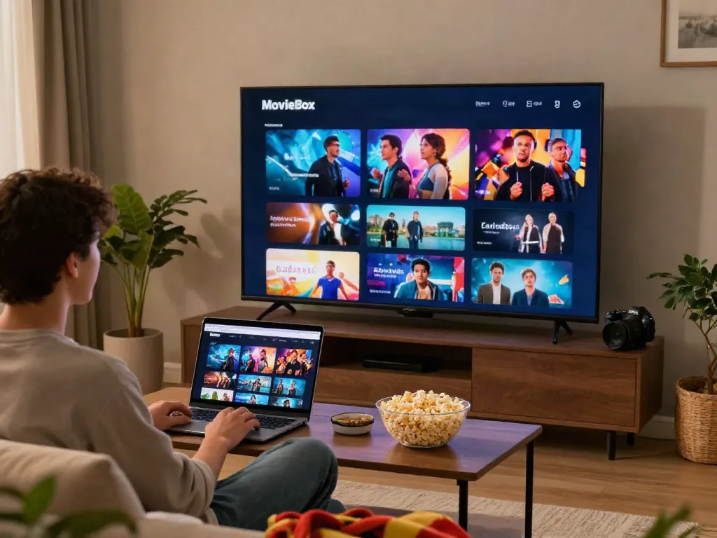 Enjoying the MovieBox App Download on smartphone in a cozy living room.