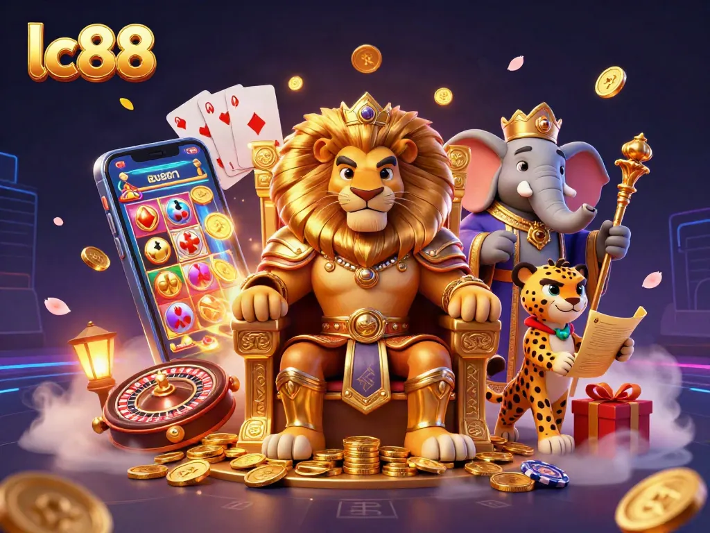 Experience thrilling gaming with lc88 featuring a majestic lion king, cheetah messenger, and elephant advisor.