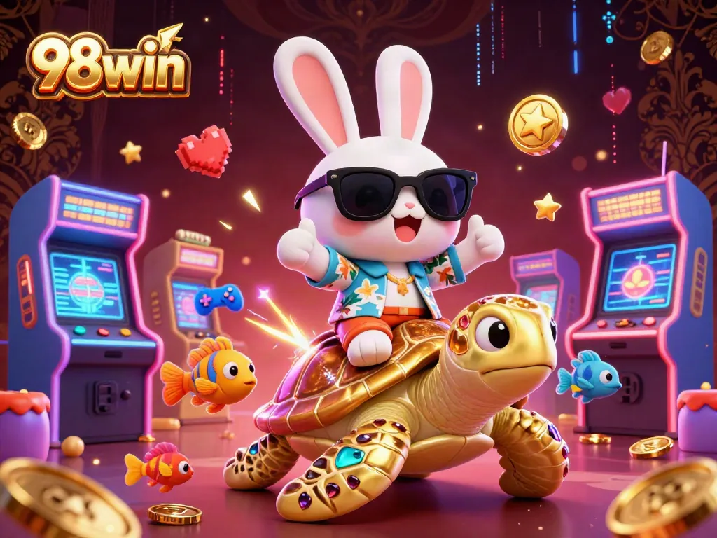 Play exciting casino games at 98win with a lively illustration of a cartoon rabbit and a sea turtle.