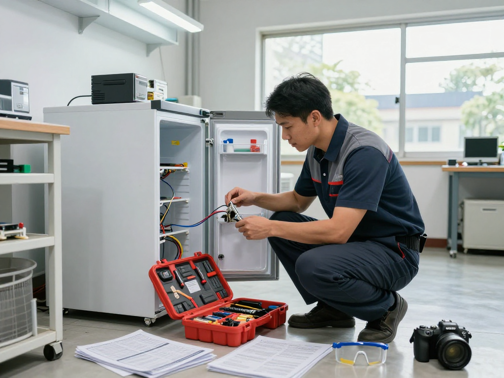 Technician performing freezer repair in a well-lit workshop, showcasing expertise and tools.