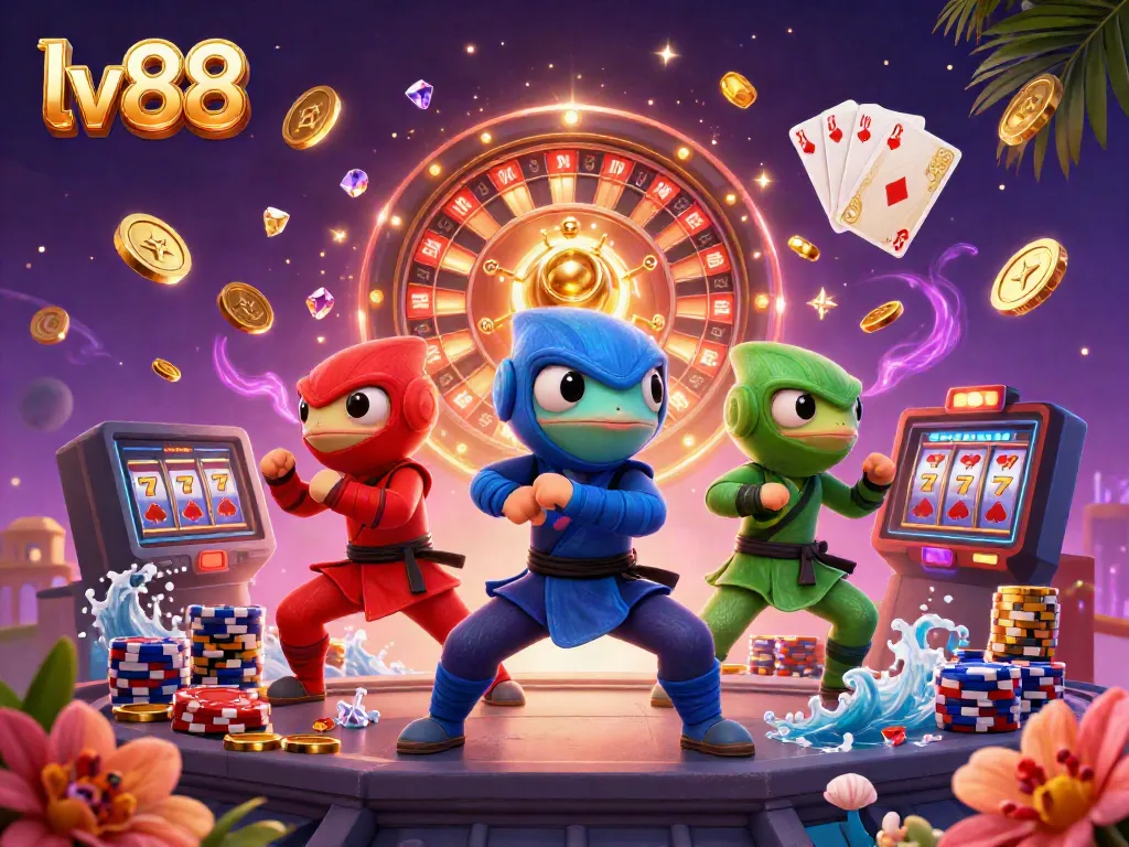 Experience vibrant gaming at lv88 with three ninja chameleons showcasing thrilling casino action.