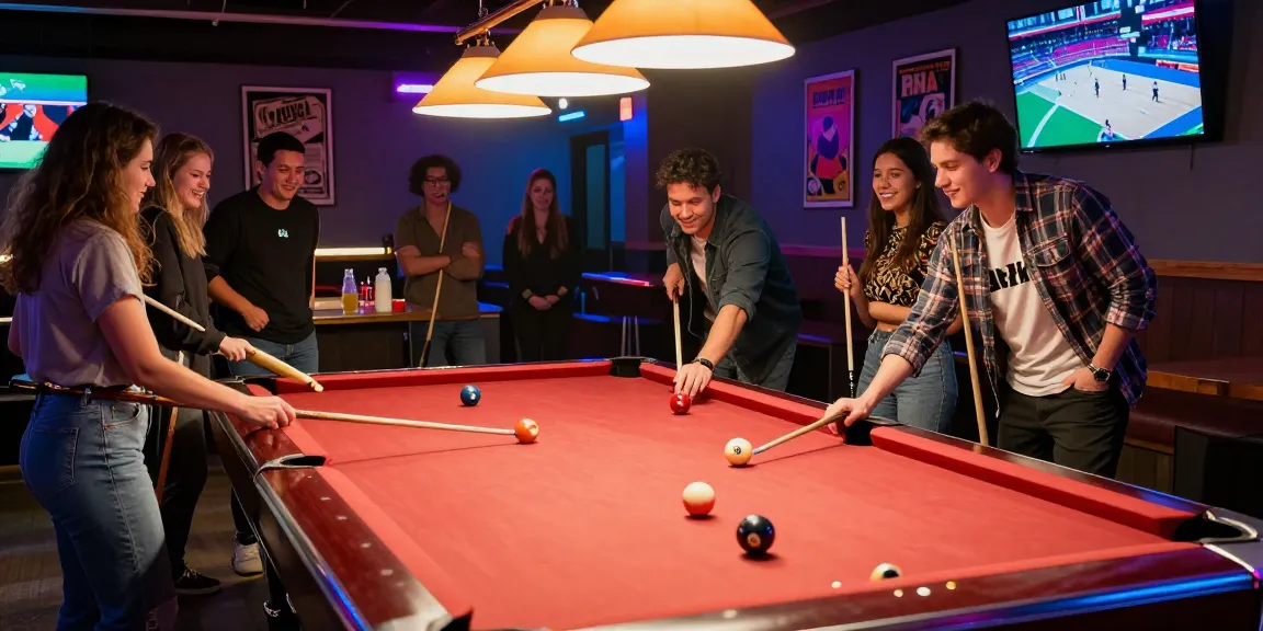 Exciting gathering at a pool hall in Mississauga, featuring friends playing billiards under neon lights.