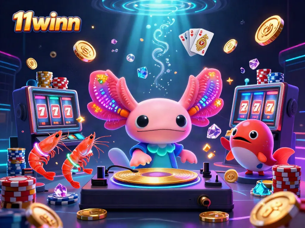Engage with 11winn's vibrant gaming scene featuring a neon axolotl DJ, casino elements, and treasures.